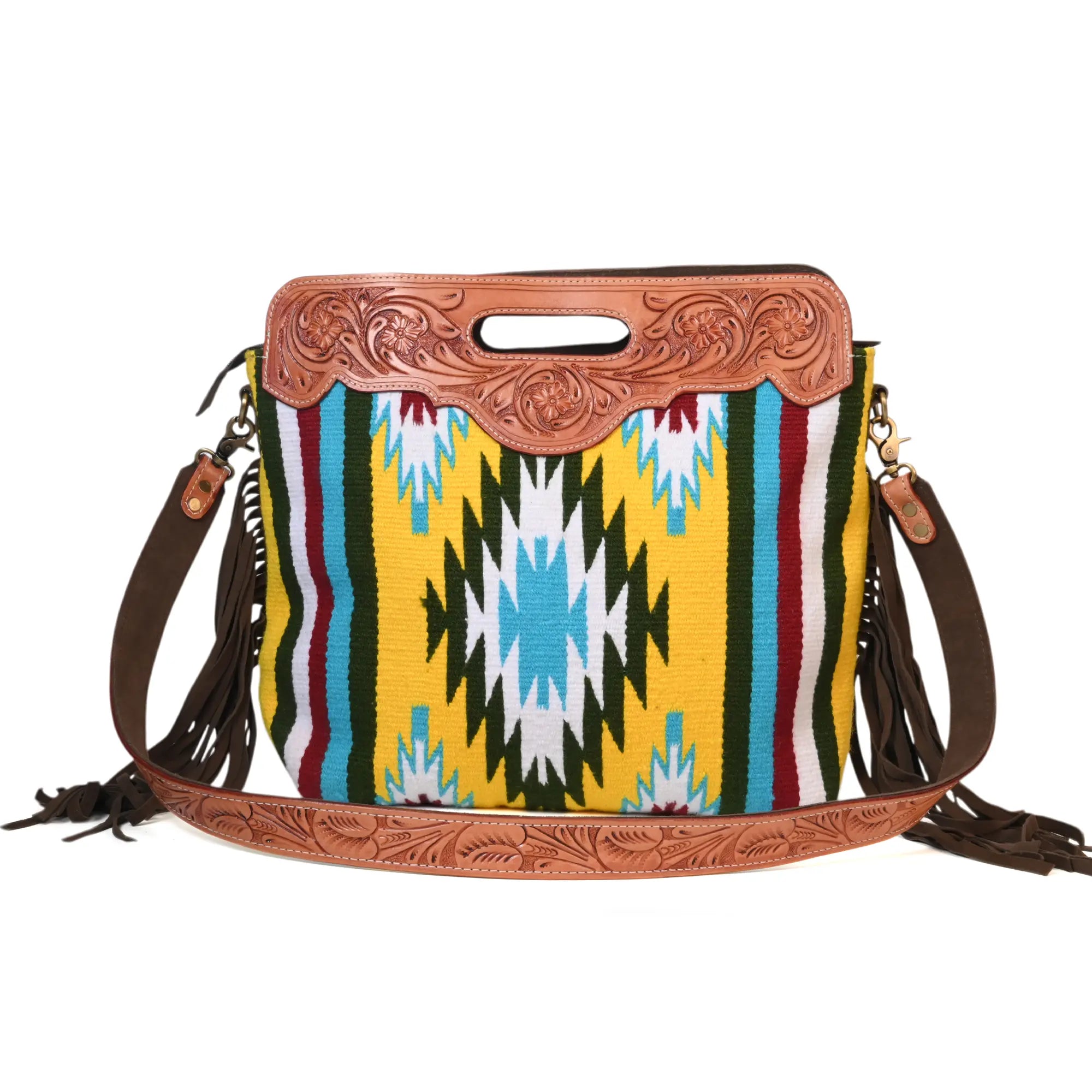 Western Saddle Blanket Hand Tooled Genuine Leather Crossbody Handbag - abitoamerica